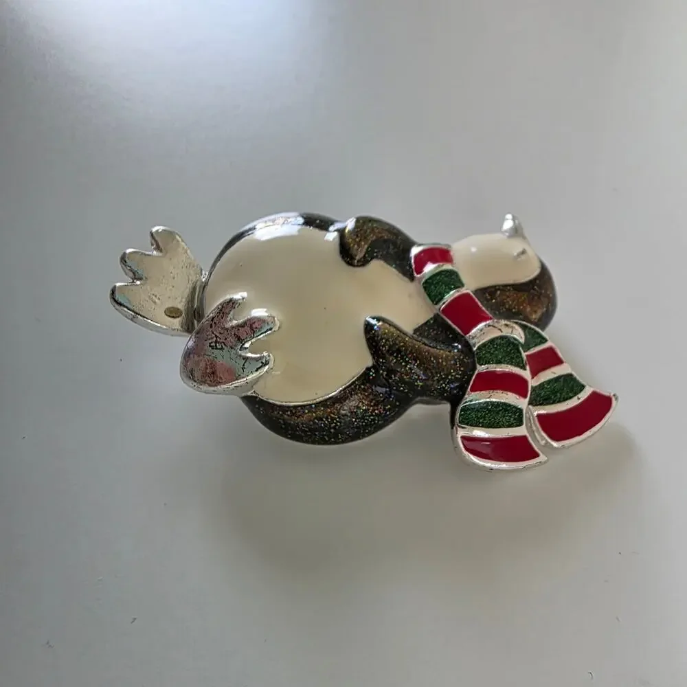 Vintage Enamel Penguin Brooch Winter Scarf Silver Tone Pin Holiday Jewelry